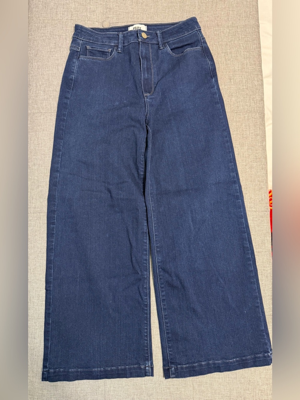 PAIGE Dark Indigo Wide Leg Jeans Retro Stitch Front Patch Pocket 27